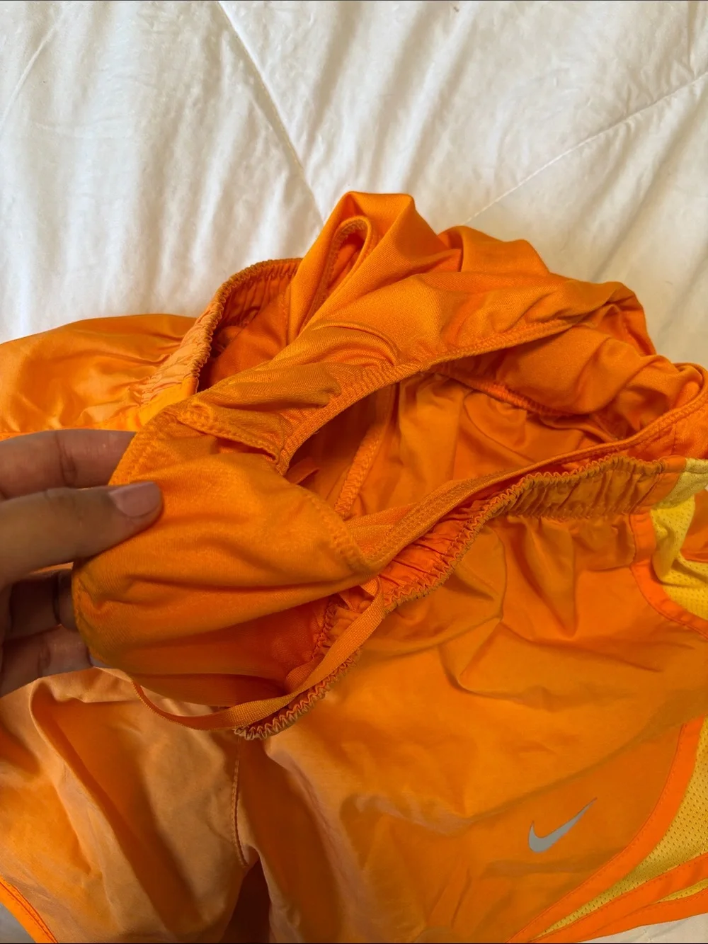 Nike Women's Bright Orange Athletic Shorts with Yellow Trim